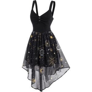 FEAPHY Witchy Galaxy Dress Women’s XXL Sun Moon Stars High Low Black Chiffon
